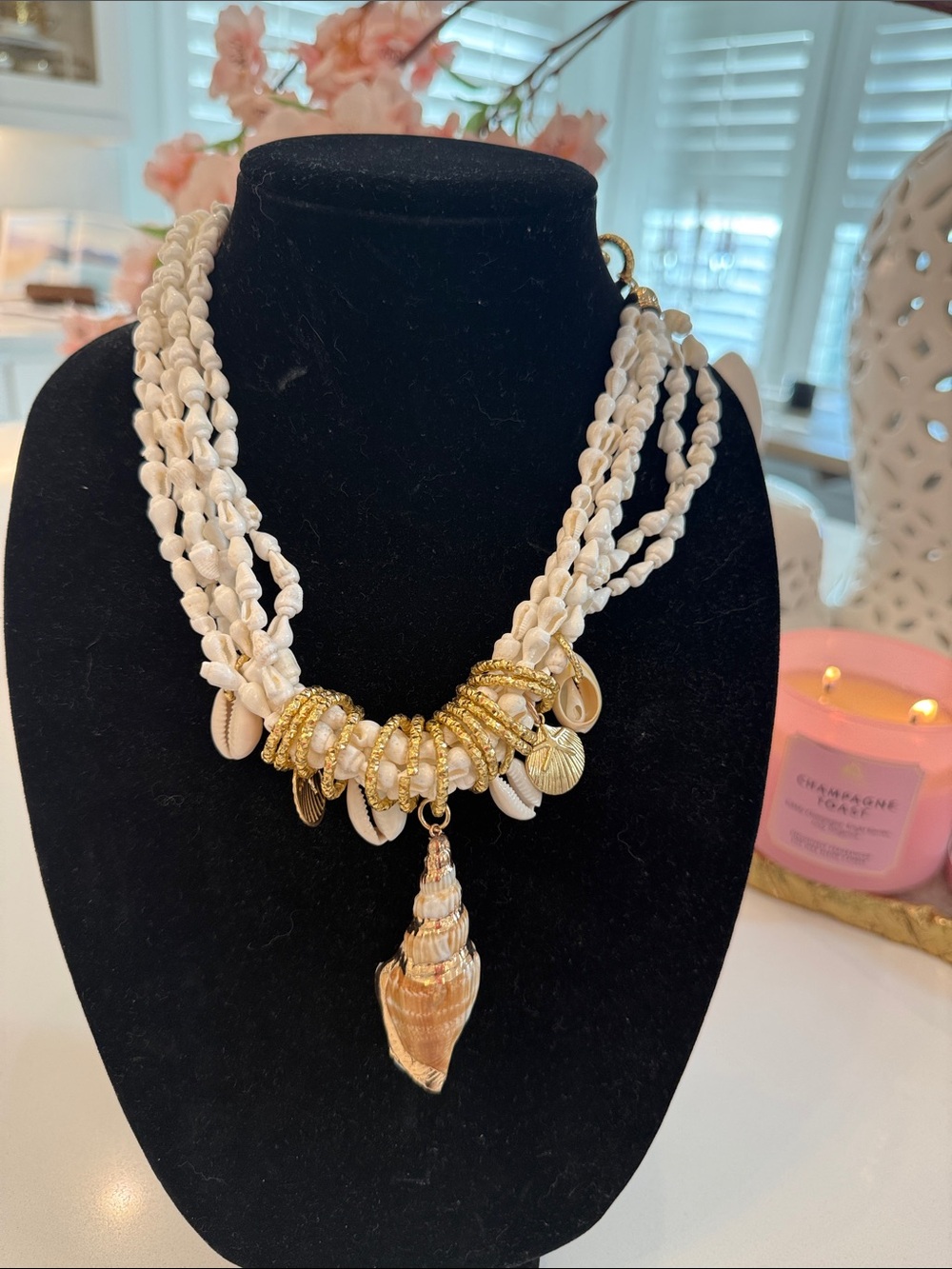 Handcrafted White and Gold Shell Statement Necklace Made in Spain